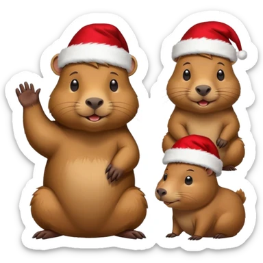 Capybara con gorrito de navidad con un montón de poses para paquete de sticker de WhatsApp que hablen peor ejemplo hola o algo asi sticker