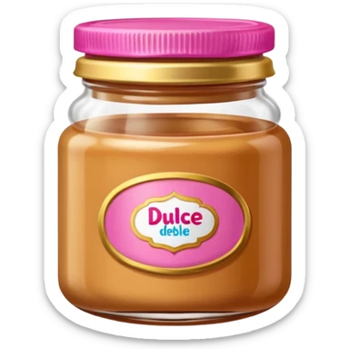 little ronded glass jar of dessert (dulce de letche) with golden lid and pink label sticker