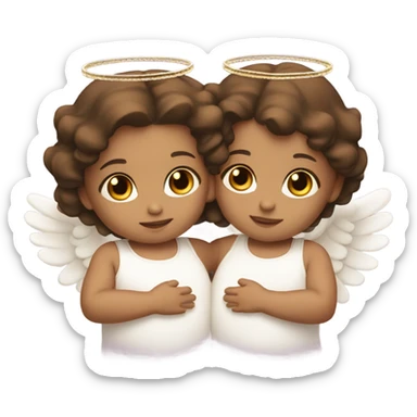 2 twin baby girls with brown hair with a halo and angel wings sticker