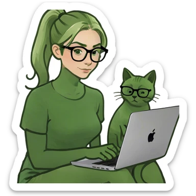 Blonde woman ponytail  with cat and MacBook  sticker