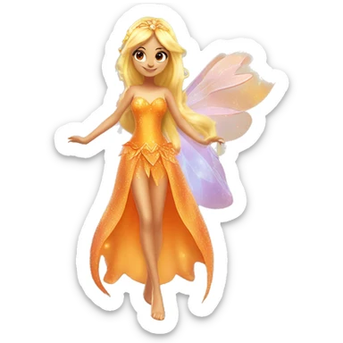 Stella adult latina fairy of nature in her enchantix fairy orange clothing and fairy enchantix wings and long blonde hair from winx club. Small eyes, Lots of sparkles and fairydust. Full body and full fairy bliss sticker