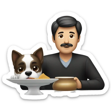 A Chinese man with mustache with a plate in front of him on a table. there is a dog on the table sticker