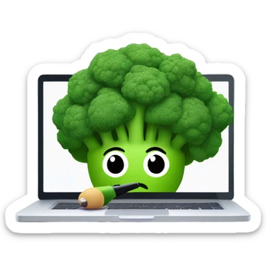 Generate a creative broccoli emoji sitting in front of a computer with a stylus, designing something on a screen. sticker