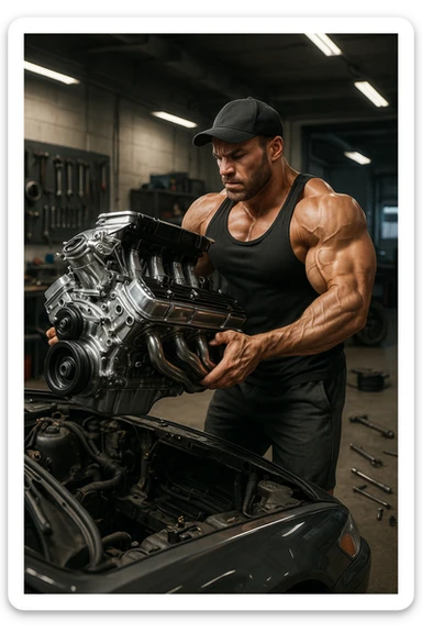 a muscular bodybuilder in gym attire stands next to a car with the hood open, lifting a large, shiny, high-performance engine with ease. His expression is focused and determined as he installs the new engine. The background is a modern garage, with tools and car parts scattered around, emphasizing strength and mechanical skill. sticker