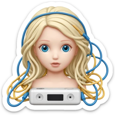 Plastic doll tightly bound with tangled AUX cables. sticker