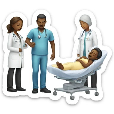 a woman gives birth and doctors stand nearby sticker