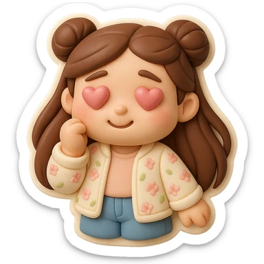 Create a 3D chibi fondant cake art style image with high-quality rendering, smooth shadows, and soft gradients. The girl should be based on the reference image, preserving facial features, with long brown hair in two space buns, brown eyes, jeans, and a pastel floral cardigan. Add a thick white outline like a sticker and make the background transparent. She is in love, with soft pink hearts in her eyes. sticker