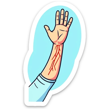 Forearm with allergy skin prick test showing red reaction bumps, 5 fingers visible at the wrist, medical procedure sticker