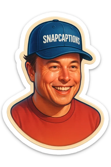 sticker of Elon Musk wearing a cap with the name 'Snapcaptions' on it, vibrant, fun, suitable for branding sticker
