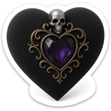 3D black style gothic heart, black velvet texture, silver skull charm, deep purple gemstone, ornate and dark gothic design sticker