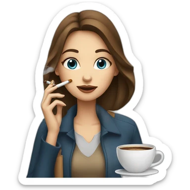A girl (brown hair blue eyes) smoking a sigaret and having coffee sticker