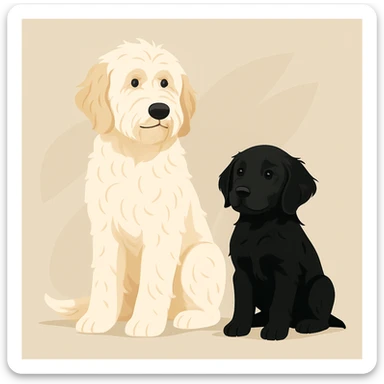 large light cream colored goldendoodle and a small black golden retriever, modern illustration style, clean, sleek, contemporary sticker