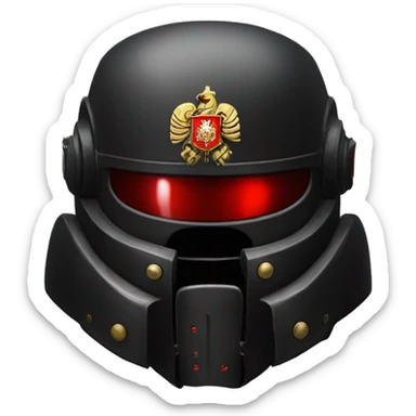 Black Space Marine helmet with red lenses, featuring the Russian coat of arms. sticker
