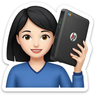 A girl is in front of an HP computer, holding it to her head, and her hair is black. sticker