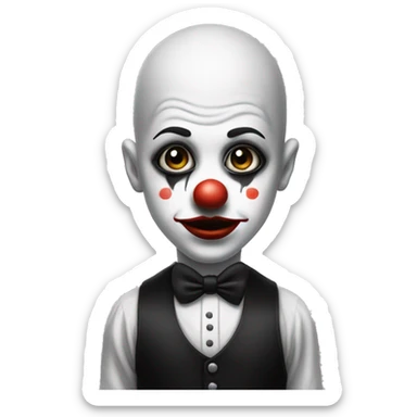A clown with a black little had whos bald that is wearing a half white and have black outfit with black big lips sticker