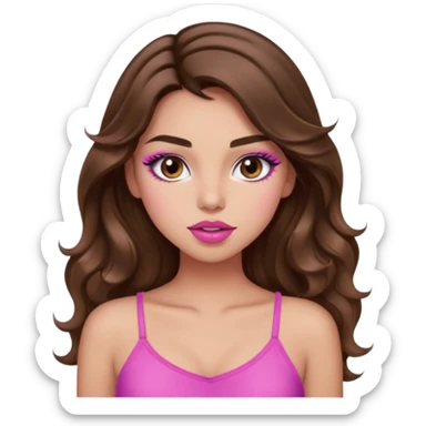 girl with long wavy brown hair, brown eyes, light to medium complexion, in a pink sexy top, pink lips, long lashes, puckered lips, what ever sticker