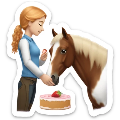 White teen girl with strawberry blonde hair giving a treat to a brown and white paint horse sticker