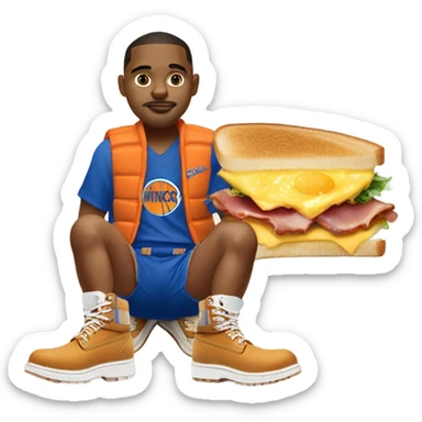 cat in timbs, New York knicks jersey and bacon egg and cheese  sticker