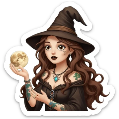 forest witch woman long wavy brown hair tattoos blowing moon dust sticker