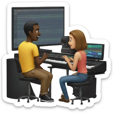 people in a music studio. one is looking at the computer and two more watching sticker