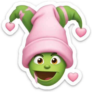grinch wearing a light pink toboggan with hearts around him sticker