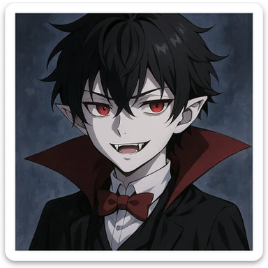 anime-style vampire boy, pale complexion, sharp teeth visible, red eyes sticker