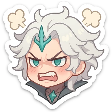 Viego from League of Legends, chibi style emote, only head, angry expression, steam coming from head sticker