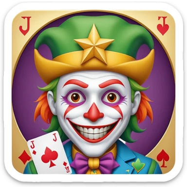 1 poker card, perfectly squared card, with crazy colorful human jolly joker inside, star symbol with a "J" sticker