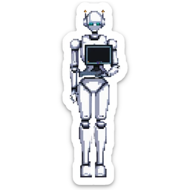 Curvy female robot with computer monitor head, stylish outfit sticker
