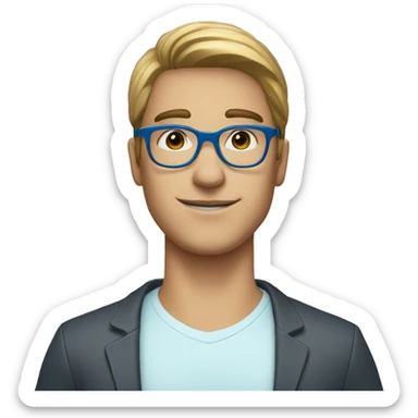 a male person, wearing blue glasses, holding a sign that says jared james sticker