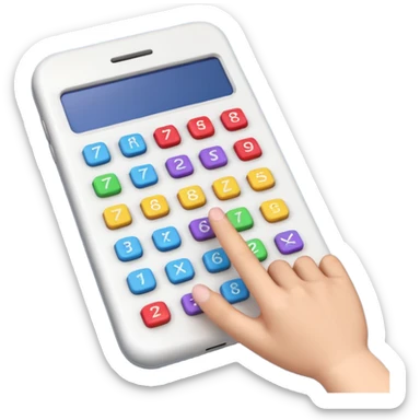 3D iPhone style emoji of a person using a calculator, finger pressing colorful buttons, digital display showing numbers, isolated on white background, soft shadows, high detail, playful and cute. sticker