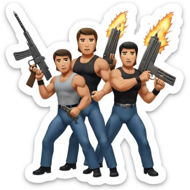 Icon for Action Movies: Schwarzenegger as John Matrix in Commando and Stallone as John Rambo in Rambo, both in iconic action poses with weapons, intense expressions, and explosive backgrounds. Powerful and dynamic with dramatic lighting. Transparent background. sticker