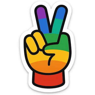 hand making a peace sign with a rainbow theme sticker
