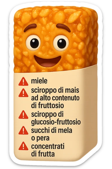 SU QUESTO STILE FAI UN EMOJI STILE IPHONE 3D DI UNa barretta ai cereali con ETICHETTA CON GLI INGREDIENTI SCRITTI, "miele, sciroppo di mais ad alto contenuto di fruttosio, sciroppo di glucosio-fruttosio, succhi di mela o pera,
concentrati di frutta" accanto ad ogni nome scritto mettici un segnale di allarme, FALLO MOLTO REALISTICO IN 3D sticker
