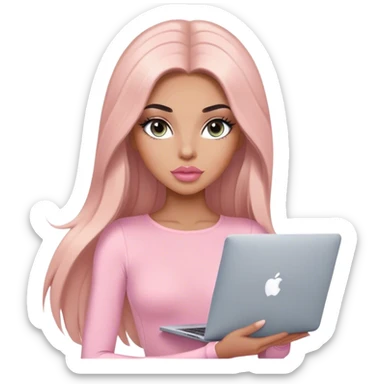 Glamours, tanned, very beautiful girl, with big pump peach-beige-rose lips, long lashes, black straight smooth silky long hair, straight parting hair, blue-grey eyes, in light-pink bodysuit holding MacBook sticker