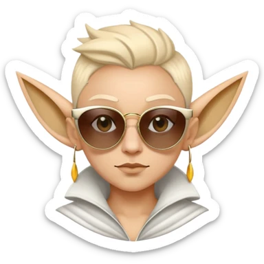Create a fantasy-style emoji of a character inspired by the high Fae archetype, featuring pointed ears and sharp, majestic features. The emoji should be wearing oversized, stylish sunglasses, adding a touch of modern flair. Make sure the expression is confident and slightly enigmatic, perfect for conveying a sense of mystery and charm in digital conversations. sticker
