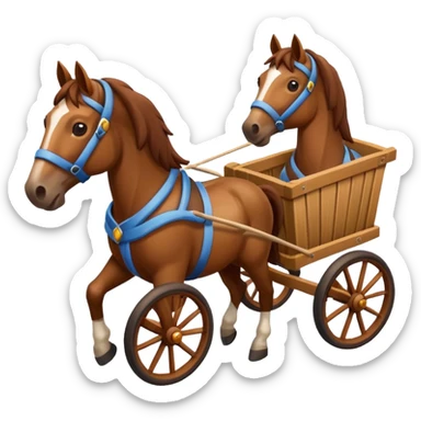 isometric horses pulling a two-wheeled cart, apple emoji style sticker