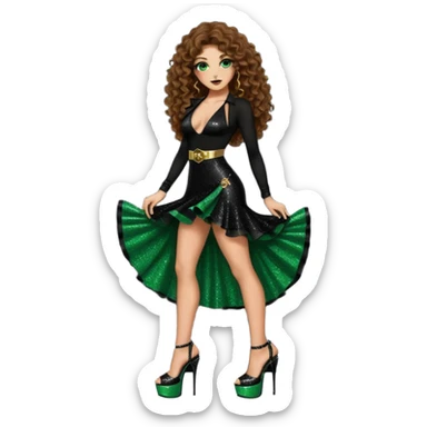 green eyes brown long curly hair woman, cartel boss with 7 inch platform stripper high heels black glitter dress, Los Angeles Spanish style black outfit sticker