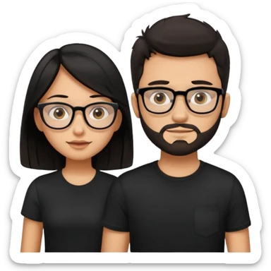 chico con gafas y barba corta moreno  camiseta negra al lado una chica pelo negro  largo piel blanca y camiseta rosa ojos marrones sticker