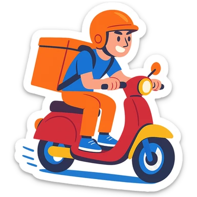 courier riding a moped, colorful cartoon style, dynamic pose sticker