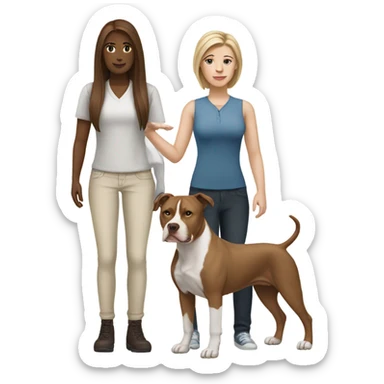 white woman with straight long brown hair alongside a white pitbull sticker