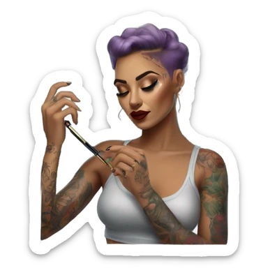 Hyper Realistic Beautiful tattooed woman applying her makeup in a mirror with lights on sticker