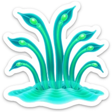 3D render of Plankton Wave, bioluminescent deep sea style, glowing neon blue and green lights, dark background to contrast the glow, translucent organic textures. sticker