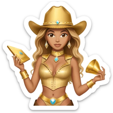 Beyonce with a gold outfit and gold cowboy hat hold the Vegas stadium sticker
