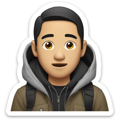 an asian man with black hair partially falling down his face; he is wearing a hoodie and a jacket on top; he has a black backpack on his shoulders sticker