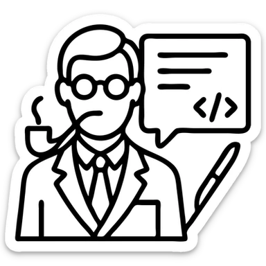 minimal icon of a serious elegant scholar with pipe, glasses, suit, standing before a document with stylized writing hinting at AI chat window, scalpel motif present, color palette inspired by vintage libraries and Cambridge, sophisticated and technical sticker