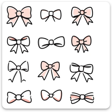 various bow styles including classic, ribbon, double, tied in pastel colors dd9fb0, ffc6d3, a3bfc9, c4bee2, f1b091, hand-drawn doodle style sticker