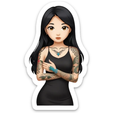 Beautiful Asian girl with long black hair and body tattoos wearing a black dress sticker
