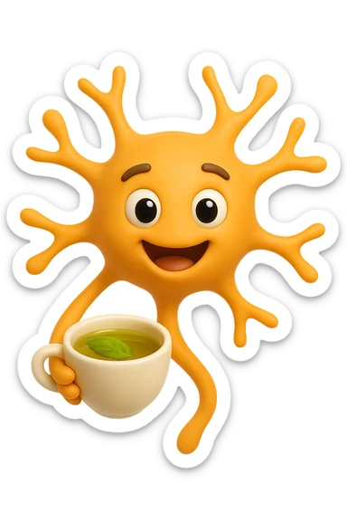 emoji stile iphone 3d di un neurone che fluttua in aria insieme ad un tè alle erbe, iperrealistico 4k sticker