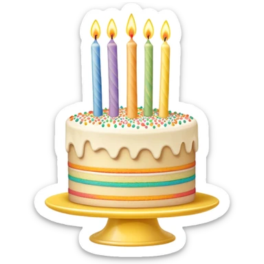 Layered, detailed beige and white vanilla birthday cake with candles and rainbow sprinkles, on a yellow cake stand sticker